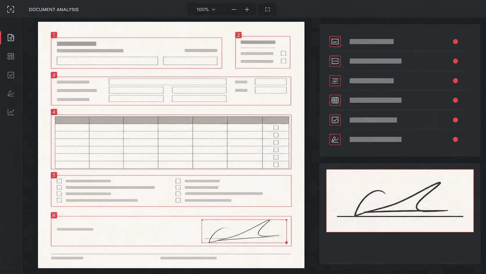 Synthetic document-analysis interface demonstrating layout and signature-presence detection