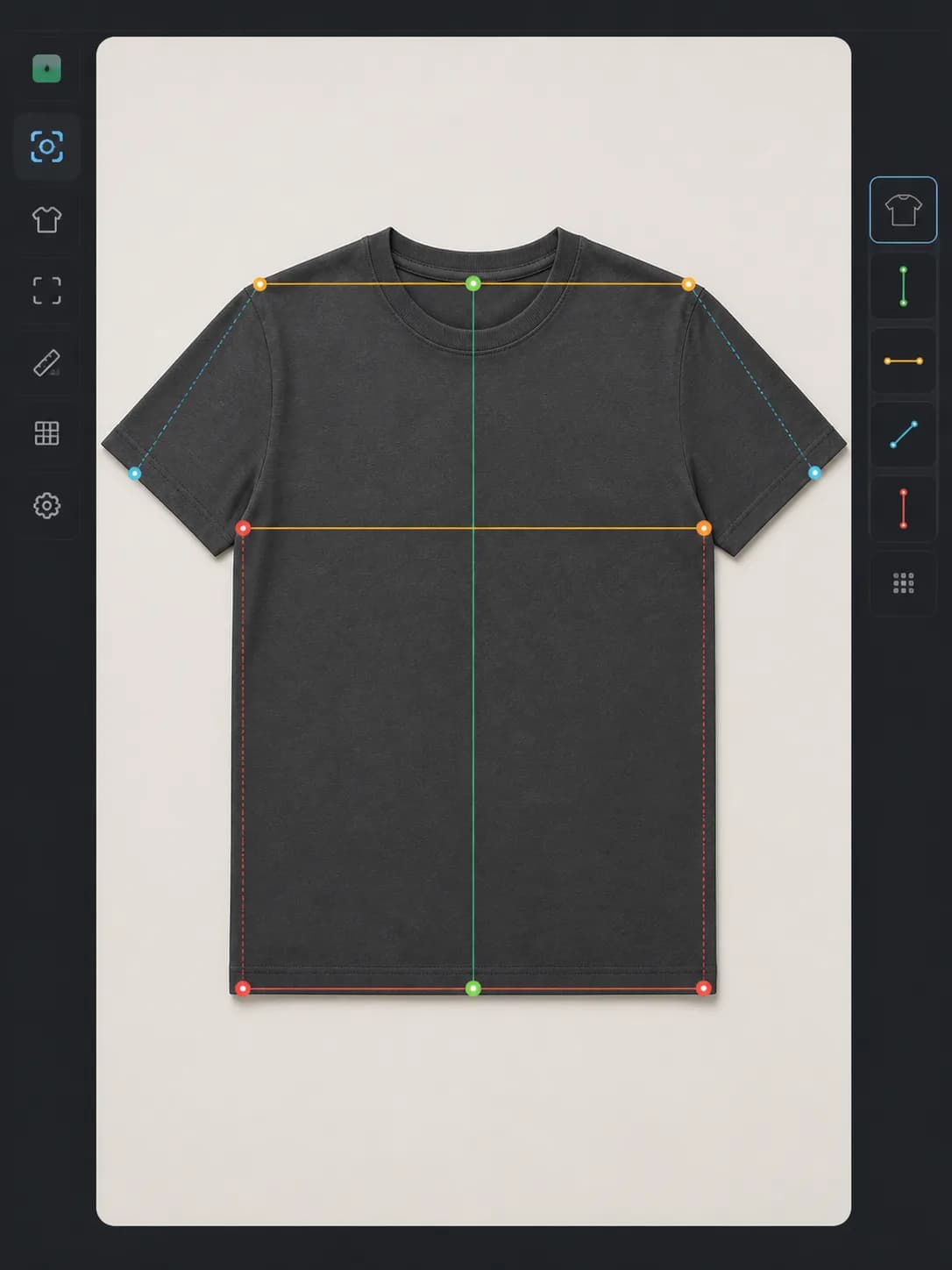 Synthetic garment-analysis interface identifying shirt landmarks