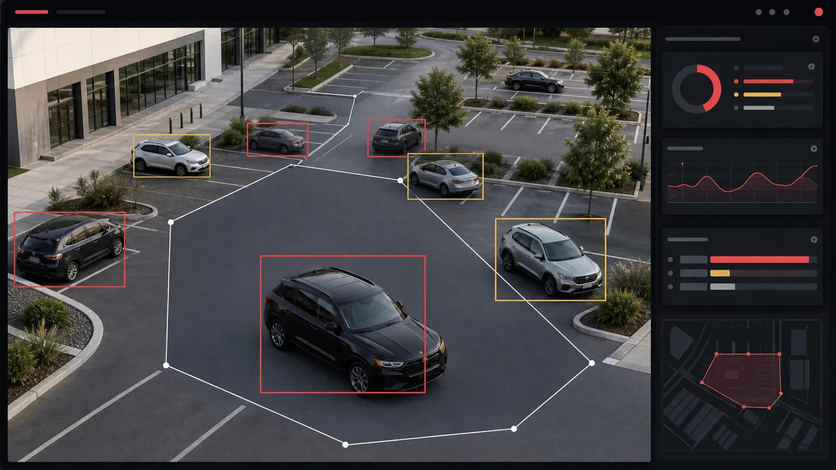 Synthetic Neo Vision interface demonstrating vehicle detection and zone analytics